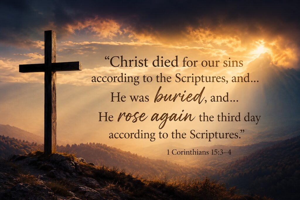 Cross and 1Corinthians 15:3-4 Christ died for our sins ... buried ... raised again according to the Scriptures. heaven4sure