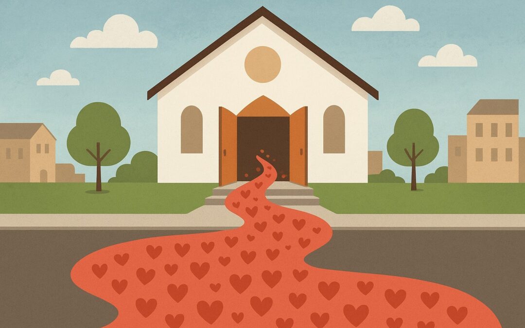 AI generated image of a church with a river of God's love flowing out through its door and out to the community in good works