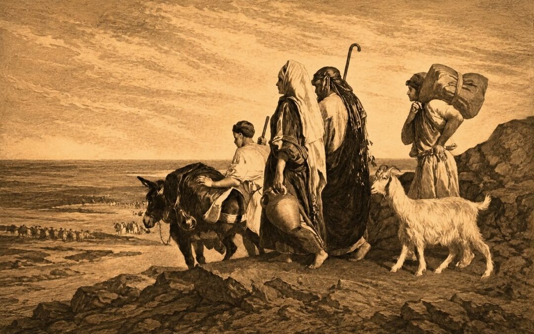 Ruth Chapter 1. Elimelech and Naomi leaving for Moab with their two boys discouraged because of the famine