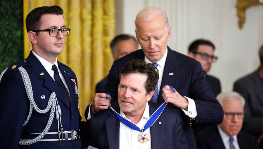 Michael J. Fox being awarded the Presidential Medal of Freedom by President Joe Biden, January 2025.