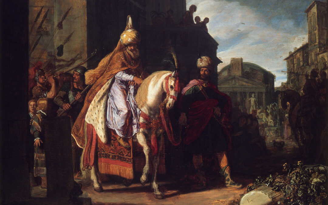 Haman leading the horse with Mordecai mounted