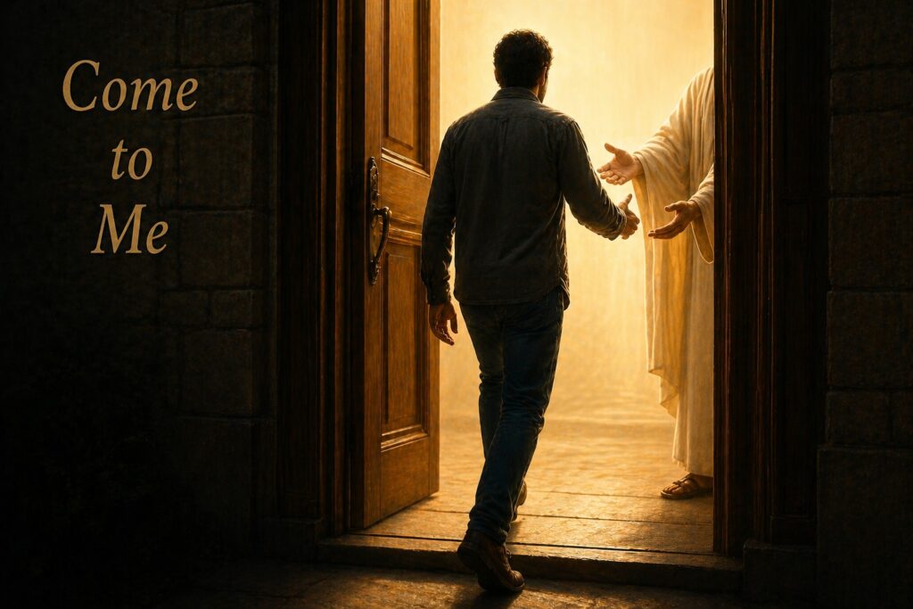 An open door with Come to Me on it and the welcoming hands of Christ