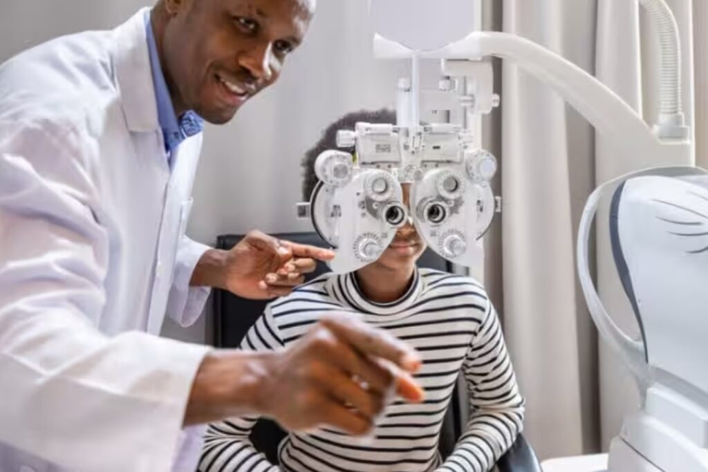 Optometrist diagnosing a young person is a metaphor for how well we see spiritually.