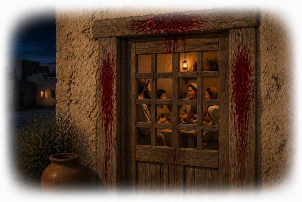 Exodus 11-12 Family eating inside Passover night with blood splashed on the door.