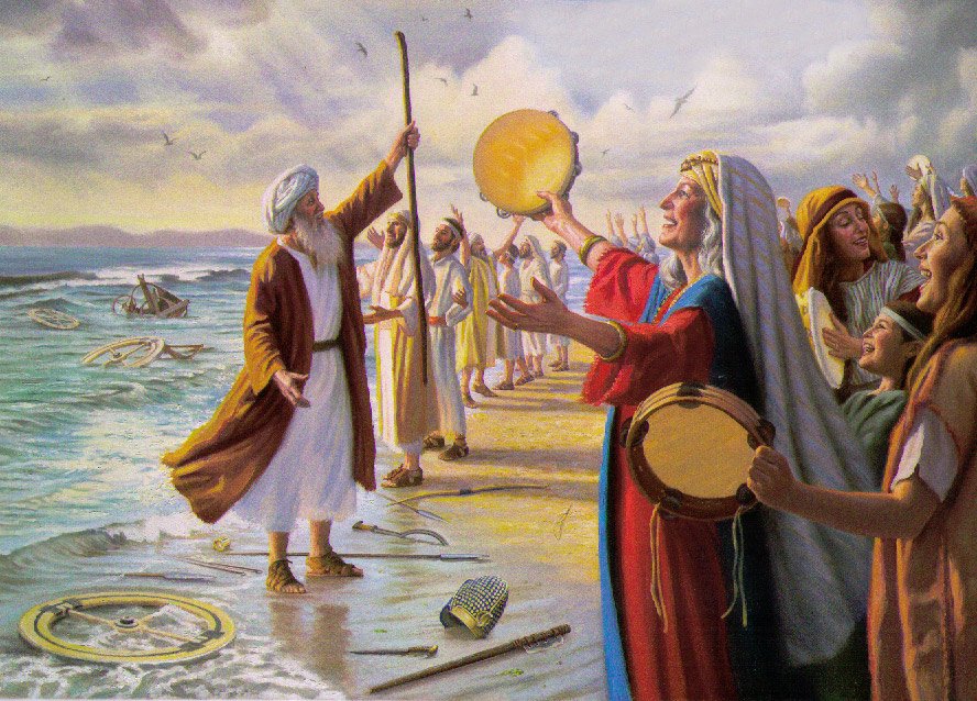 Painting of Moses and Miriam celebrating after crossing the Red Sea