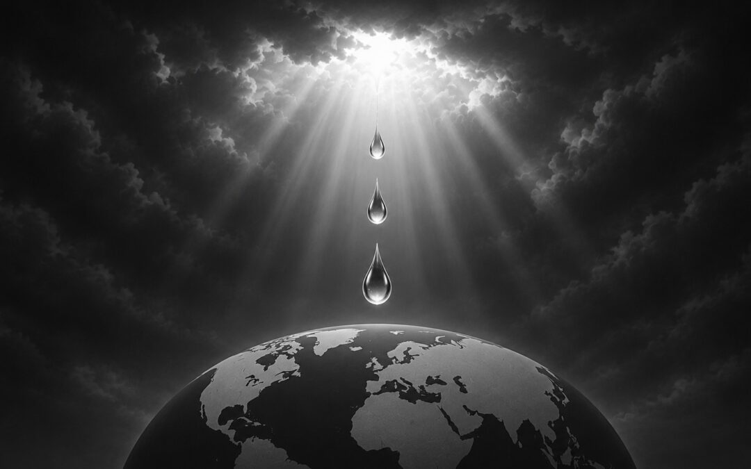 Dark image with silhouette of planet earth and tears falling from Heaven expressing the heart of God