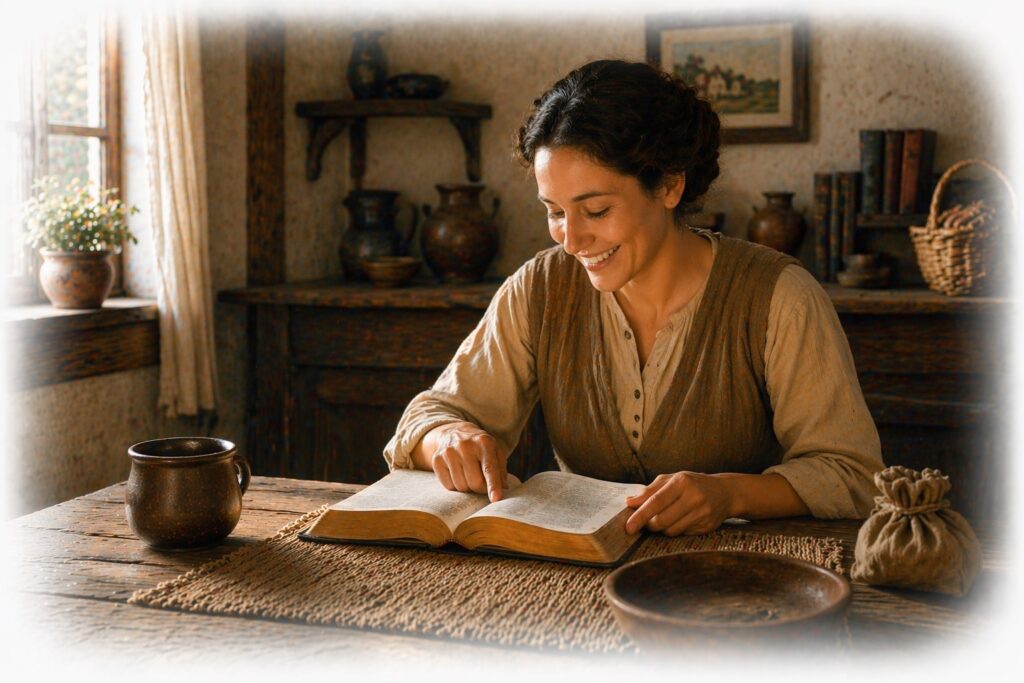 Woman smiling with relief as she reads the Word of God and finds the answer she is looking for. She has it in writing.